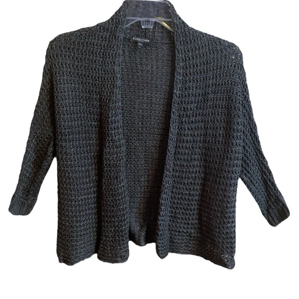 Eileen Fisher Green Open Weave Cardigan Sweater SZ PP Linen Silk 3/4 Sleeve Wome